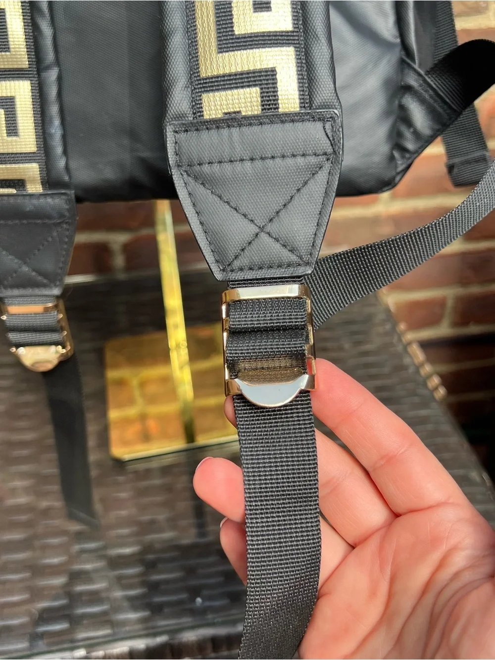 Versace Parfums Convertible Black Nylon Backpack Gold Accents Luxury Unisex